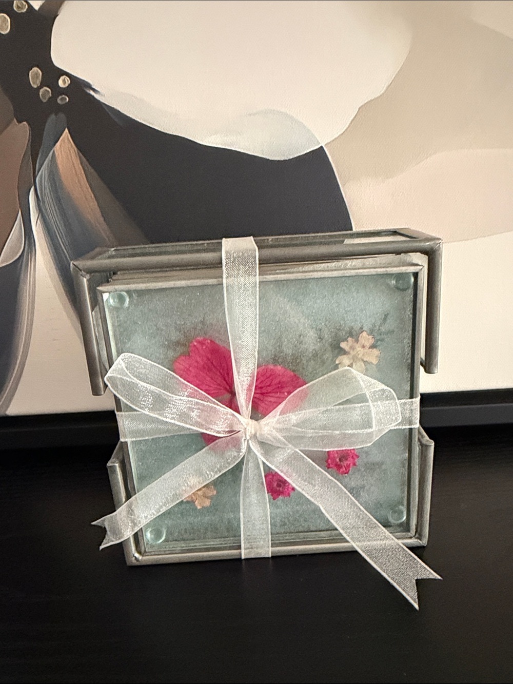 Gorgeous Vintage Y2K Burnes of Boston Pressed Flower Glass Coaster Set